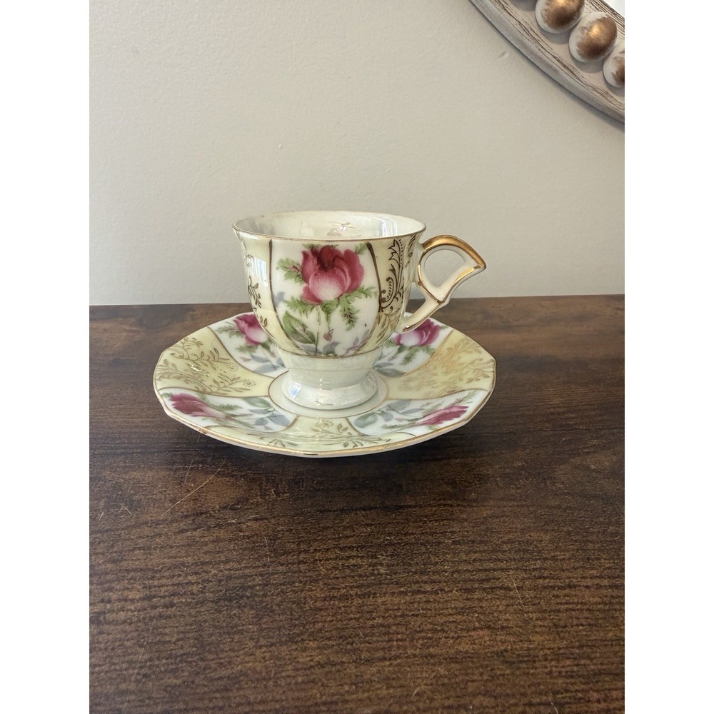 Vintage 1950s Japan Demitasse Cup Saucer Pink Roses Gold Lusterware Porcelain